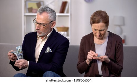 Rich senior man holding dollars, poor woman counting coins, social gap, money