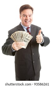 Rich successful businessman  holding a wad of cash and giving thumbsup sign.  Isolated.