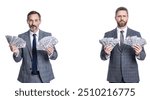 rich and successful businessmen. millionaire lifestyle. business success of millionaire. businessmen dealing with money. millionaire business men with money isolated on white. Millionaire secrets