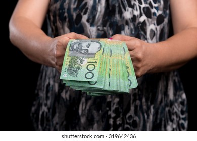 Rich Woman Holding A Lot Of Australian Money