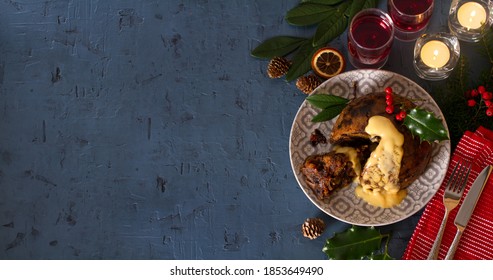 Richly Spiced Christmas Pudding Cake With Custard And Port Drink. Christmas And New Year Table, Decorations. View From Above, Top Studio Shot, Copy Space