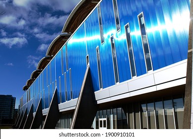 Richmond, BC, Canada- 01 23 2021: Front Side Of The Richmond Olympic Oval Showing It's Electric Blue Siding. 