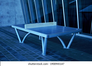 Richmond, BC, Canada- 01 23 2021: An Steel Framed Ping Pong Table Outside The Richmond Olympic Oval. 