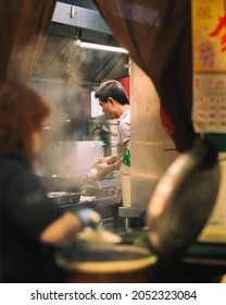 Richmond BC Canada - September 2021 : Chinese Man Chief Was  Preparing And Cooking Traditional Chinese Food At Richmond Public Market Restaurant. Asian Cuisine