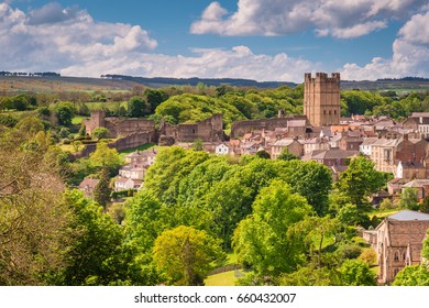 Richmond Castle Skyline / The market town of Richmond is sited at the very edge of the North Yorkshire Dales, on the banks of River Swale - Shutterstock ID 660432007