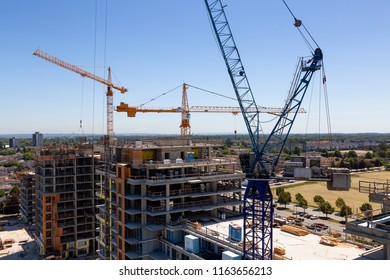 Richmond, Greater Vancouver, BC, Canada - July 16, 2018: Aerial View Of A Construction Site During A Sunny Summer Day.