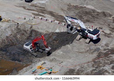 Richmond, Greater Vancouver, BC, Canada - July 16, 2018: Aerial View Of A Construction Site During A Sunny Summer Day.