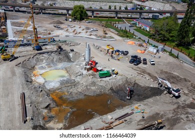 Richmond, Greater Vancouver, BC, Canada - July 16, 2018: Aerial View Of A Construction Site During A Sunny Summer Day.