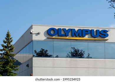 Richmond Hill, On, Canada - June 20, 2021: Olympus sign on their Canadian head office in Richmond Hill, On, Canada. Olympus Corporation is a Japanese manufacturer of optics and reprography products.