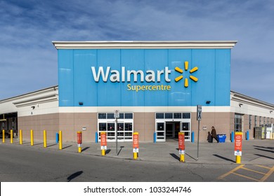 Richmond Hill, Ontario, Canada - February 24, 2018: Walmart Storefront. Walmart Inc. Is American  Retail Corporation Operates A Chain Of Hypermarkets, Discount Department And Grocery Stores.