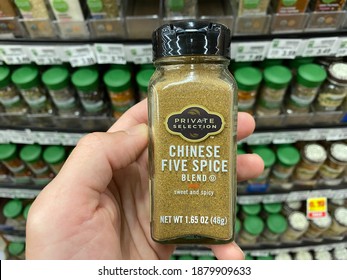 Richmond Hill,Georgia-United States-Dec 20 2020: A Hand Hold Chinese Five Spice Seasoning At Kroger Food And Pharmacy Store ,located At Richmond Hill, Georgia .