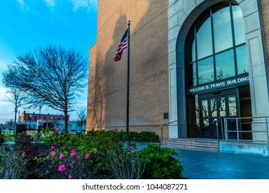 Richmond, TX - March 10, 2018 The Modern William B. Travis Building Stands Next To The Historic Courthouse In Richmond, TX