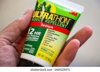 Richmond, VA / USA - 08/03/2019: A tube of the DEET containing insect repellent Ultrathon. DEET repellents are the most commonly used first line malaria prevention agent for travelers and others.