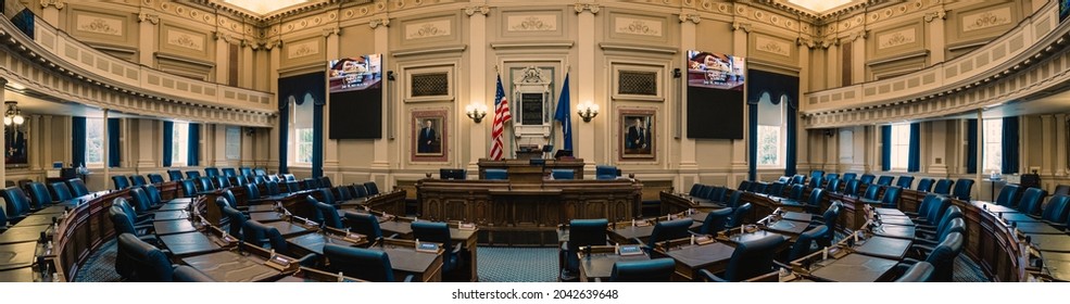 Richmond, VA, USA - 2021 07 30: Wide Angle Panorama From Inside The House Of Representatives Chamber In The Virginia State Capitol In Richmond, Virginia.