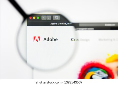 Richmond, Virginia, USA - 8 May 2019: Illustrative Editorial of Adobe Inc website homepage. Adobe Inc logo visible on display screen.