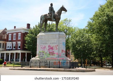 RICHMOND, VIRGINIA, USA - June 2, 2020: Stonewall Jackson statue defaced with graffiti during Black Lives Matter protest.
