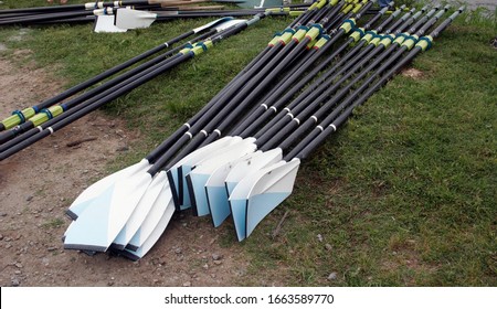 Richmond, Virginia / USA - June 23, 2009: Sculling Oars, Boat Paddles On River Bank.
