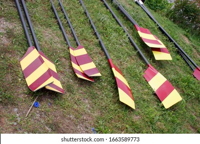 Richmond, Virginia / USA - June 23, 2009: Sculling Oars, Boat Paddles On River Bank.
