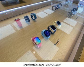 Richmond, Virginia USA - October 3, 2022: Apple Store In Short Pump Mall, Richmond, Virginia. The New Apple Watch Series  8 Lineup Is Seen In A Display Case.