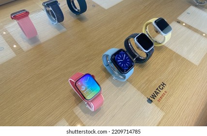 Richmond, Virginia USA - October 3, 2022: Apple Store In Short Pump Mall, Richmond, Virginia. The New Apple Watch Series  8 Lineup Is Seen In A Display Case.