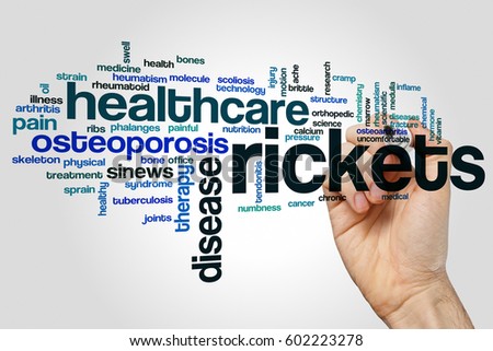 Rickets word cloud concept on grey background