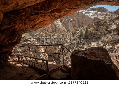 Rickety Bridge Enters Cave On The Way To Canyon Overlook In Zion National Park