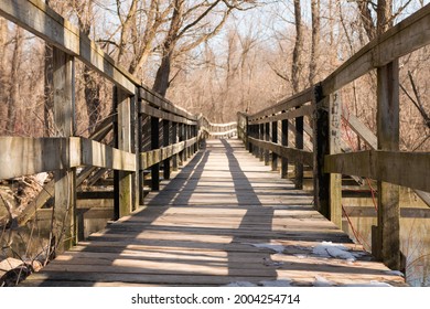 Rickety Wooden Bridge Surrounded By Trees 