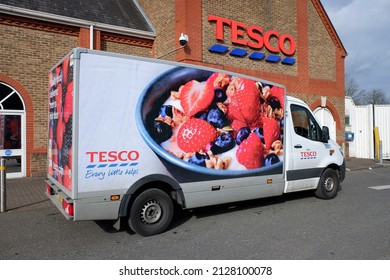 Rickmansworth, Hertfordshire, England, UK - February 23rd 2022: Tesco groceries delivery van outside Tesco supermarket store