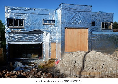 Rickmansworth, Hertfordshire, England, UK - July 28th 2021: Protect TF200 Thermo Insulating Breather Membrane Covering Timber Walls Of Property Under Construction
