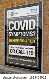 Rickmansworth, Hertfordshire, England, UK - September 28th 2020: Keep London Safe And NHS Test And Trace Poster Sign About Covid Symptoms, Go For A Test. Protect Your Friends And Family.