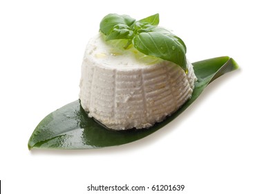 Ricotta And Basil Isolated On White Background