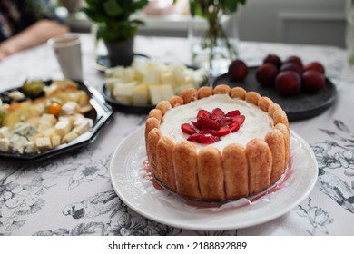 Ricotta Cheese Cake On Table With Fruits