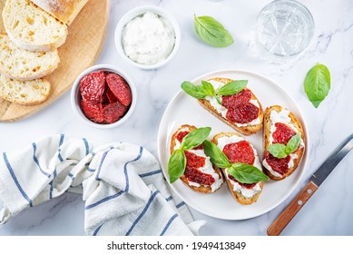 Ricotta Dried Tomato Basil Bruschetta. Toning. Selective Focus