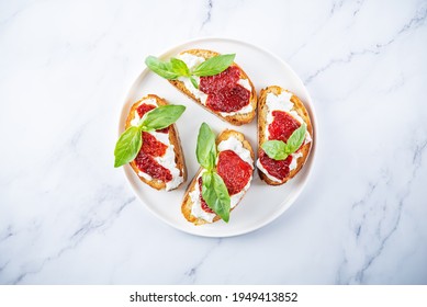 Ricotta Dried Tomato Basil Bruschetta. Toning. Selective Focus