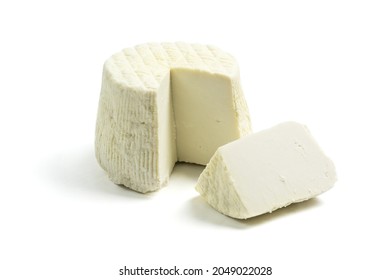 Ricotta Salata Cheese With Slice Isolated On White Background