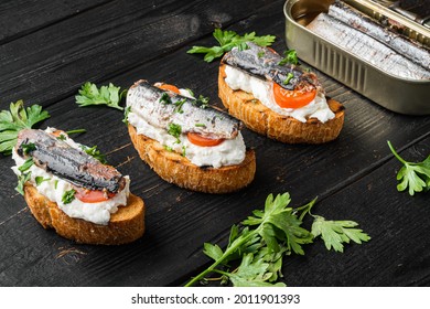 Ricotta Sardine Toast Set, On Black Wooden Table Background