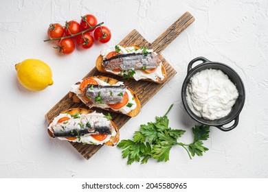 Ricotta Sardine Toast Set, On White Stone Table Background, Top View Flat Lay