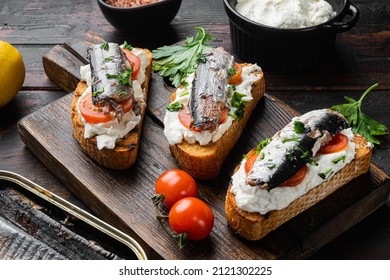 Ricotta Sardine Toast Set, On Old Dark  Wooden Table Background