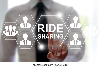 Ride Sharing Business Carpooling Cheap Travel Concept. Carpool Ride Share Web Order Technology. Businessman Presses A Button Joint Trip On The Virtual Screen