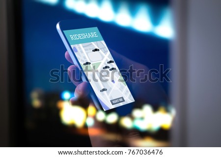 Ride sharing and carpool mobile application. Rideshare taxi app on smartphone screen. Modern online people and commuter transportation service. Man holding phone late at night. City street lights.