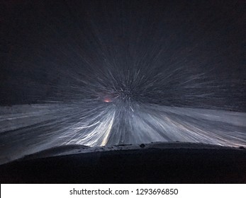 Ride Through The Night Snow Blizzard In The Countryside Of Russia.