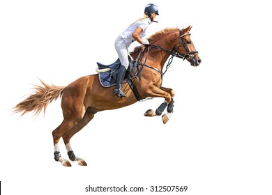 Rider Jumping On Horse Isolated On White.