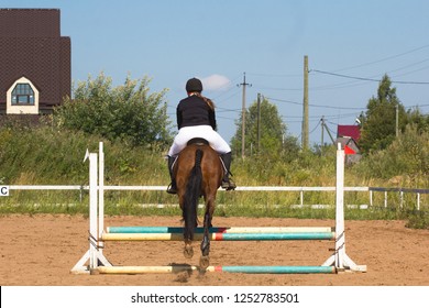 A rider on a horse jumps over an obstacle. Back view