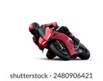 rider on a red sport motorcycle leaning and dragging a knee isolated on white background