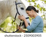 Rider, woman and bonding with horse in forest for companion, training and relax from practice outdoor. Equestrian, happy person and stallion in countryside with embrace, pet care and agriculture