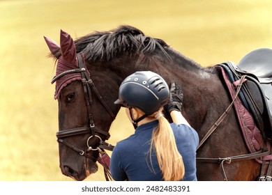 Rider woman in navy shirt and black helmet affectionately strokes dark bay horse's neck in field. Horse is calm and relaxed. Horse grooming and care. Training and practice in equestrian disciplines. - Powered by Shutterstock