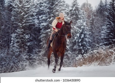 Rider Young Girl Is Riding Gallop On Horse In Snow, In Background Forest.