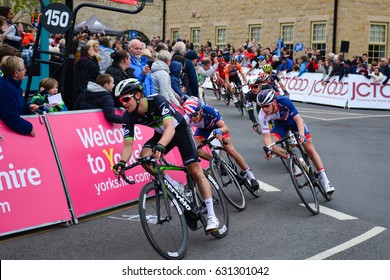 Riders Racing Through The Final 150 Meters To The Finishing Line, Tour De Yorkshire (cycling Race) Final Stage. At Fox Valley, Yorkshire, England, UK. On The 30th April 2017. 