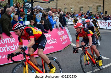 Riders Racing Through The Final 150 Meters To The Finishing Line, Tour De Yorkshire (cycling Race) Final Stage. At Fox Valley, Yorkshire, England, UK. On The 30th April 2017. 