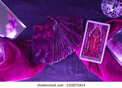 Rider-Waite deck cards. The Hierophant no. 5 major arcana. Psychic reading divination table. Widely popular, tarot decks are used since 15th century for both games and cartomancy.